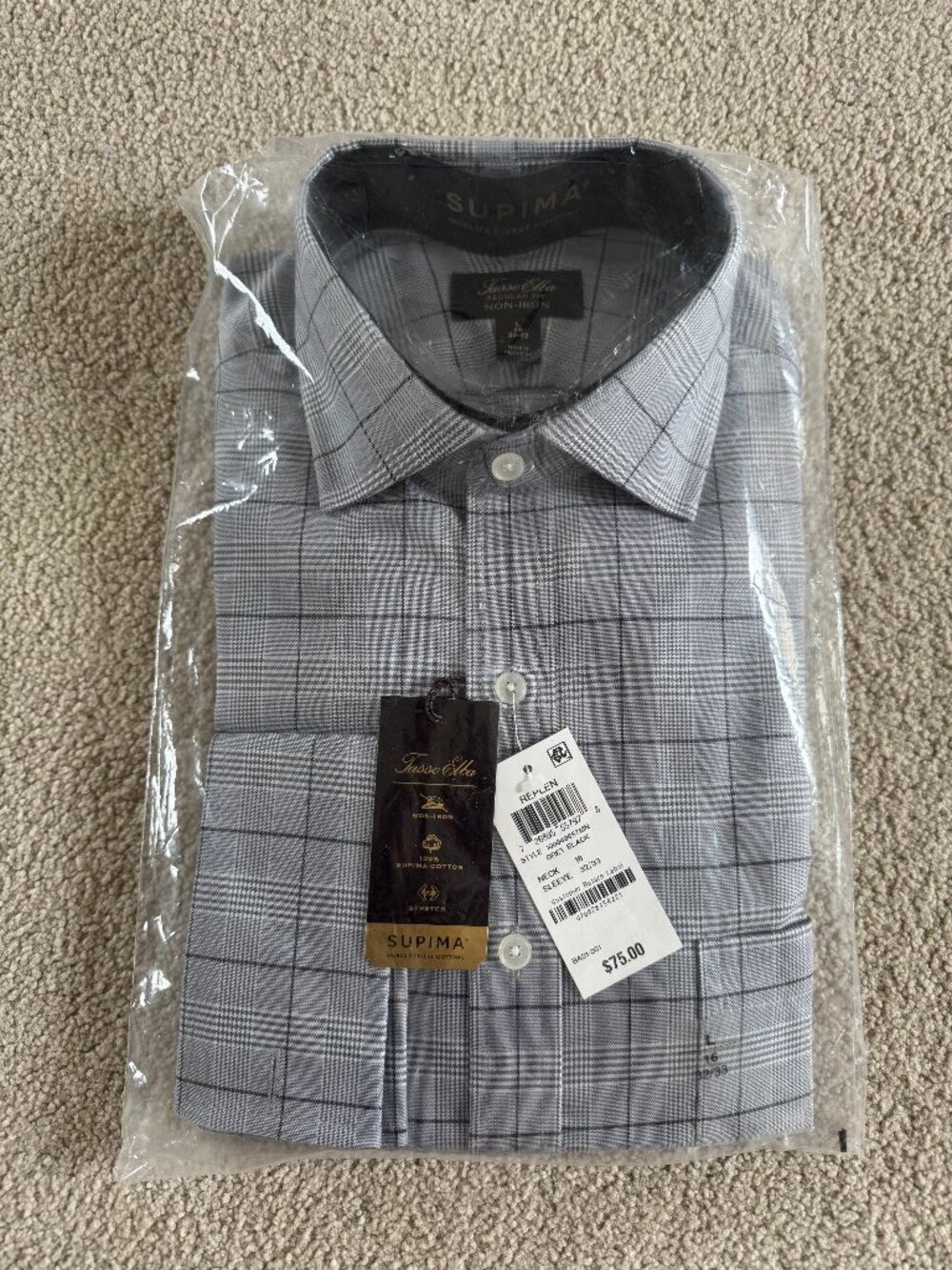NWT Tasso Elba Supima Cotton Dress Shirt – Men’s Large (16 / 32-33) – Grey Plaid